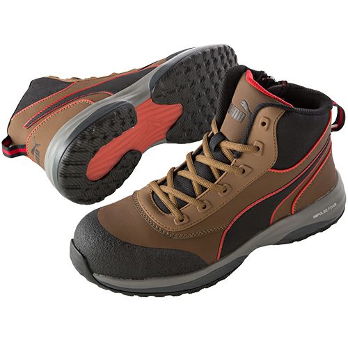 PUMA ハイカット安全靴 ブラウン/レッド PUMA ラピッドジップ MotionCloud RAPID ZIP 安全靴【まもる君】